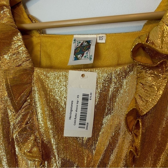 Queen of Sparkles Gold Metallic Puff Sleeve Peplum Top XS - Picture 3 of 5